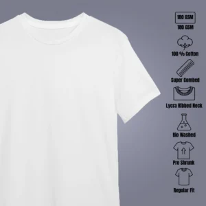 White t-shirt with fabric quality features, including 180 GSM, 100% cotton, super combed, Lycra ribbed neck, bio-washed, pre-shrunk, and regular fit, displayed on a grey background.