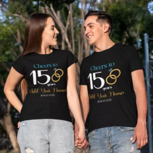 Personalized matching couple t-shirts, showing a "Cheers to 15 Years" design with custom names, worn by a couple.