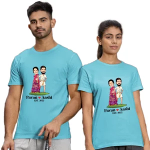 Caricature theme couple t-shirts featuring a custom illustration of a traditional Indian couple on light blue shirts.