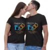 Personalized matching couple t-shirts, showing a "Cheers to 15 Years" design with custom names, worn by a couple.