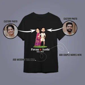 Custom caricature couple t-shirt with personalized cartoon illustration, couple names, and wedding year.