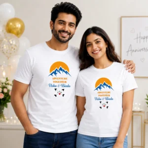 Personalized Adventure Together couple t-shirts with custom names and date on white cotton matching tees