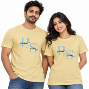 Indian couple wearing matching light yellow personalized couple T-shirts featuring blue P and S initials with Prashanth and Samiksha names in black script.