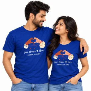 Indian couple wearing matching royal blue wedding T-shirts with hands forming a heart and customizable names and wedding date placeholders.