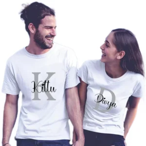 Matching couple t-shirts with personalized initials "K" and "D" featuring stylish cursive names "Kittu" and "Divya" on white cotton fabric.
