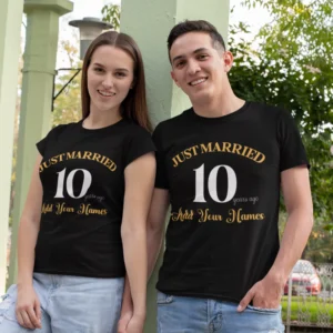 Customized 10th Wedding Anniversary T-Shirts with His and Her Names in Elegant Print