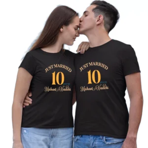 Customized 10th Wedding Anniversary T-Shirts with His and Her Names in Elegant Print