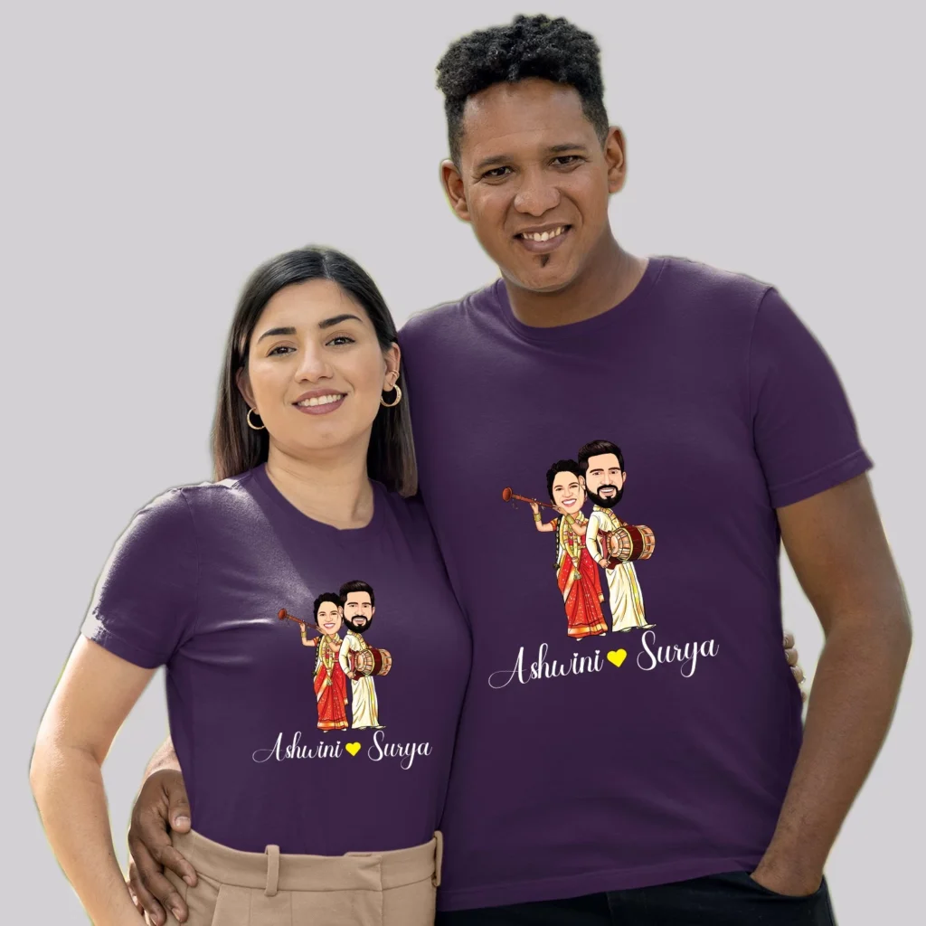 Couple wearing a Custom Relationship Caricature T-Shirt – Add Names, Faces & Love Quote