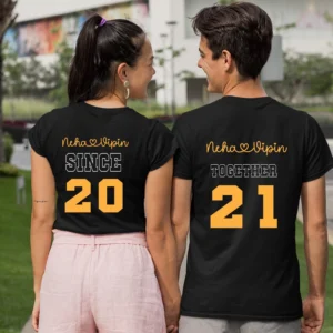 Couple wearing custom printed t-shirts with personalized design – Him & Her matching outfit