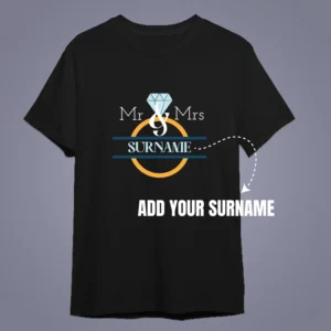 Alternative view of Personalized Mr & Mrs Couple T-Shirt for Pre Wedding Shoot with Custom Surname | Matching Bride Groom Engagement Photoshoot Tee
