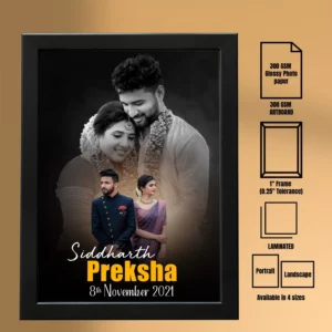 A stunning personalized romantic couple photo frame showcasing a black-and-white wedding portrait in the background, complemented by a vibrant color couple image in the foreground, elegantly adorned with names and a wedding date in stylish typography.