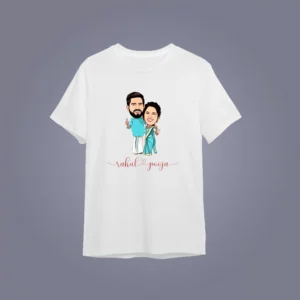 Flat lay mockup of Custom Cartoon Couple T-Shirt from Your Photo - Wedding Gift Idea