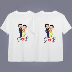 Flatlay mockup of 2 t-shirts-Custom Couple Caricature Tee – Pre-Wedding or Engagement Gift