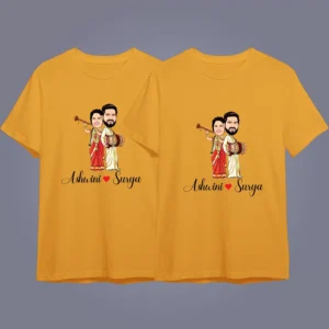Flatlay mockup of 2 t-shirts Custom Relationship Caricature T-Shirt – Add Names, Faces & Love Quote