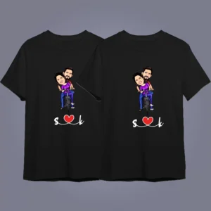 Flatlay mockup of 2 t-shirts - Unique Wedding Caricature T-Shirt with Personalized Cartoon Faces