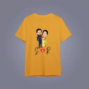 Flatlay mockup of Custom Couple Caricature Tee – Pre-Wedding or Engagement Gift