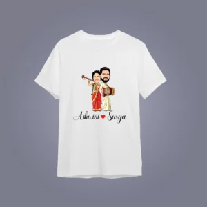 Flatlay mockup of Custom Relationship Caricature T-Shirt – Add Names, Faces & Love Quote