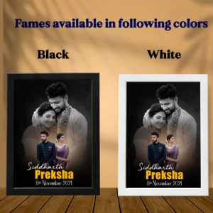 A beautifully crafted personalized romantic couple photo frame featuring a black-and-white wedding portrait in the background, enhanced by a vibrant color couple image in the foreground, with elegantly displayed names and a wedding date in sophisticated typography.