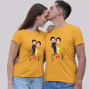 Lovely couple wearing Custom Couple Caricature Tee – Pre-Wedding or Engagement Gift