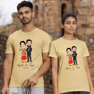 Models wearing a Couple Caricature Printed T-Shirt – Anniversary or Birthday Surprise