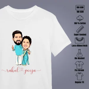 Showing features of Custom Cartoon Couple T-Shirt from Your Photo-Wedding Gift Idea