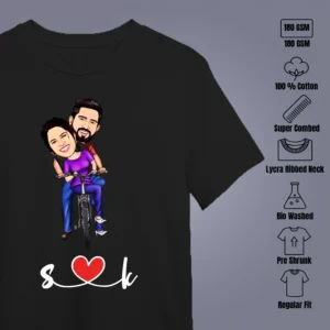 Showing features of Unique Wedding Caricature T-Shirt with Personalized Cartoon Faces