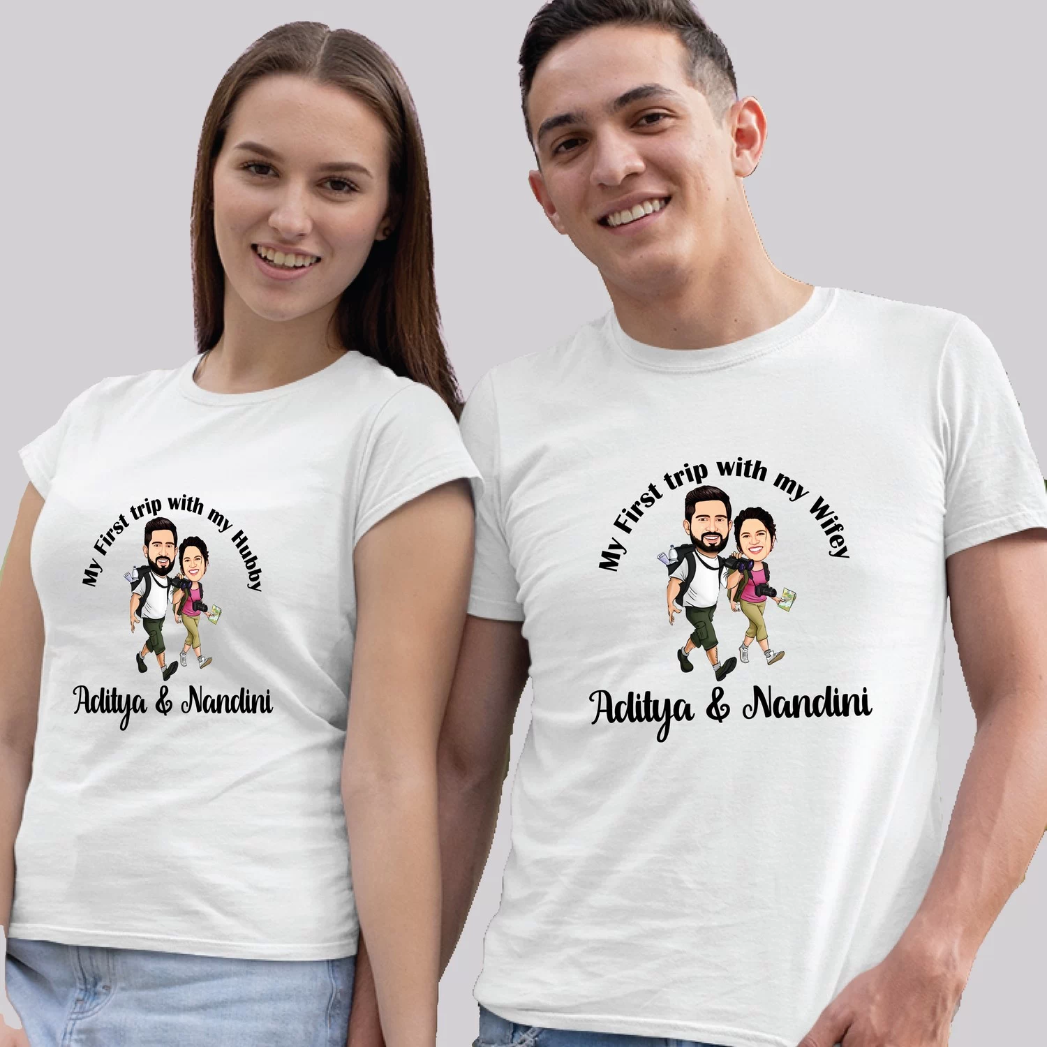 Couple wearing caricature love t-shirts with custom names Aditya and Nandini, featuring cute illustrated couple artwork for travel or anniversary.