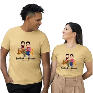 couple showcasing Personalized Caricature Couple T-Shirt with Custom Names & Date
