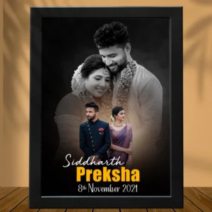 A beautifully designed personalized romantic couple photo frame featuring a black-and-white wedding portrait in the background with a vibrant color couple image in the foreground, along with names and a wedding date in elegant typography.