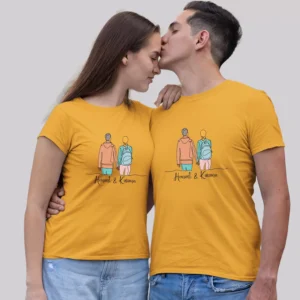 Custom name personalized couple T shirts with matching minimalist couple illustration romantic gift for anniversary or valentines day for couples in India.