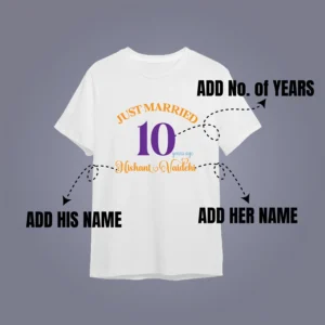 Description of Customized 10th Wedding Anniversary T-Shirts with His and Her Names in Elegant Print