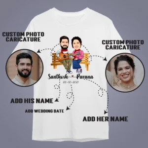 description of Personalized Caricature Couple T-Shirt with Custom Names & Date