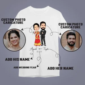 Alternative view of Personalized Caricature Couple T-Shirt with Names & Date | Custom Romantic Matching Tees for Anniversary, Pre Wedding Photoshoot Gift