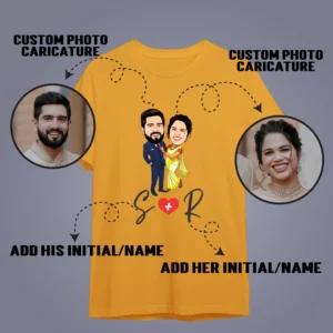 Alternative view of Custom Couple Caricature T-Shirt with Names – Personalized Pre Wedding Photoshoot Matching Tee for Bride & Groom Gift