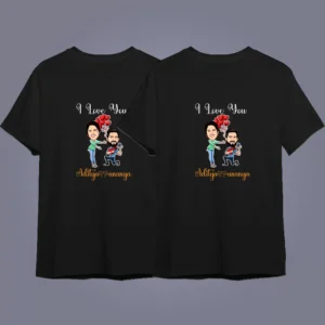 Alternative view of Personalized Caricature Couple T-Shirt with Names – Custom Proposal Design I Love You Matching T-Shirts for Boyfriend Girlfriend Gift