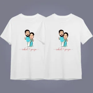 flatlay mockup of Custom Cartoon Couple T-Shirt from Your Photo - Wedding Gift Idea
