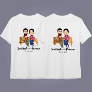 flatlay of 2 t-shirts of Personalized Caricature Couple T-Shirt with Custom Names & Date