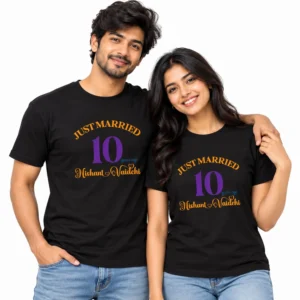 Couple wearing matching black Just Married 10 Years Ago anniversary T-shirts with orange lettering, a large purple number 10, and Nishant Vaidehi names.
