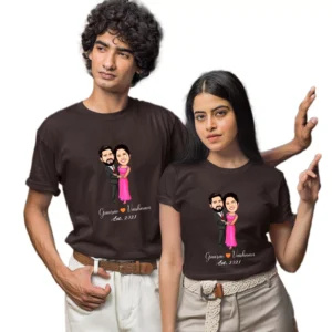 Personalized caricature couple t shirt with custom names and date matching couple outfit for anniversary or pre wedding photoshoot India