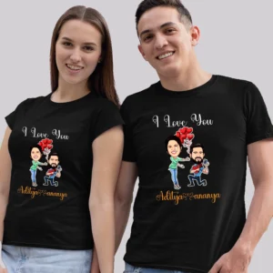 Personalized caricature couple t shirt with custom names proposal design matching black t shirts for boyfriend and girlfriend in India