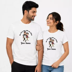 Personalised Couple T-Shirts with Caricature Photo | First Trip Matching Set of 2