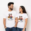 Couple wearing matching white personalized caricature T-shirts customized with photos, names, and wedding date for an anniversary or wedding gift.