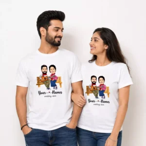 Couple wearing matching white personalized caricature T-shirts customized with photos, names, and wedding date for an anniversary or wedding gift.