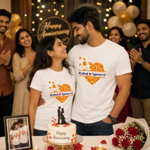 Personalized couple t-shirts with Rahul and Apoorvi names and heart design Celebrating anniversary