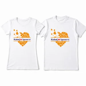 Personalized couple t-shirts with Rahul and Apoorvi names and heart design Flatlay mockup