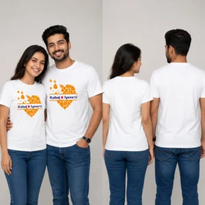 Personalized couple t-shirts with Rahul and Apoorvi names and heart design front and back view