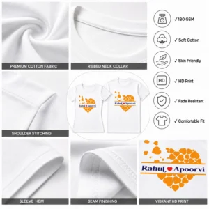 Personalized couple t-shirts with Rahul and Apoorvi names and heart design T-shirt quality