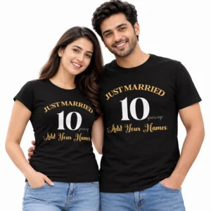 Couple wearing matching black Just Married 10 Years Ago T-shirts with large white number 10, gold anniversary lettering, and Add Your Names customization text.