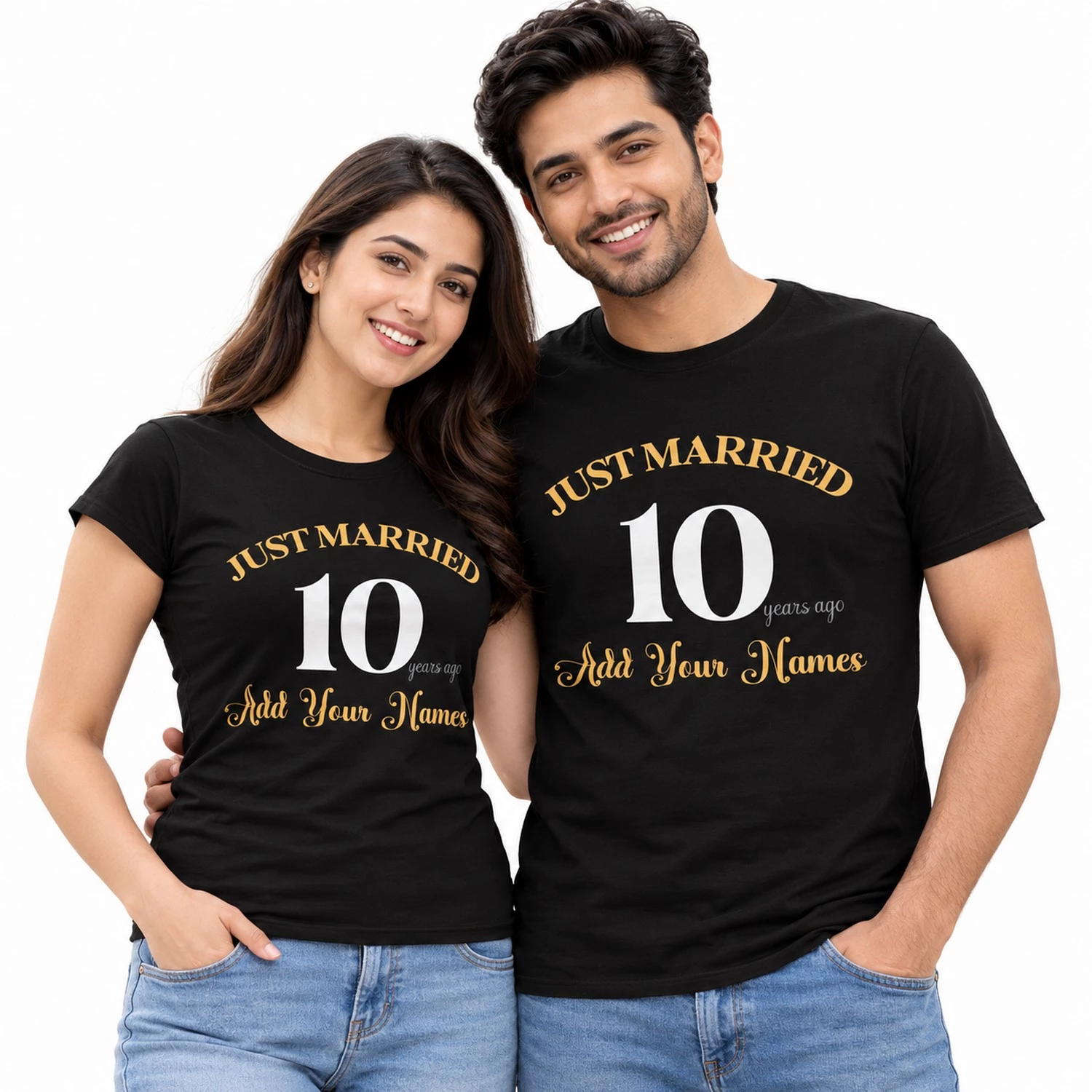 Couple wearing matching black Just Married 10 Years Ago T-shirts with large white number 10, gold anniversary lettering, and Add Your Names customization text.