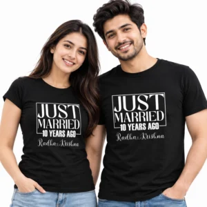 Couple wearing matching black Just Married 10 Years Ago anniversary T-shirts with bold white framed typography and personalized Radha Krishna names.